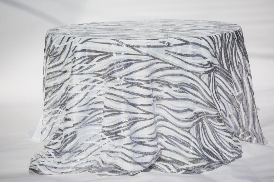 120" Silver and white sequins striped overlay round