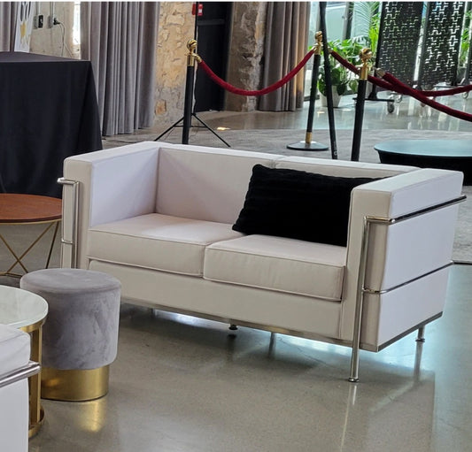 white 2 seater sofa with silver