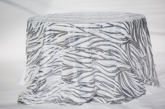 120" Silver and white sequins striped overlay round